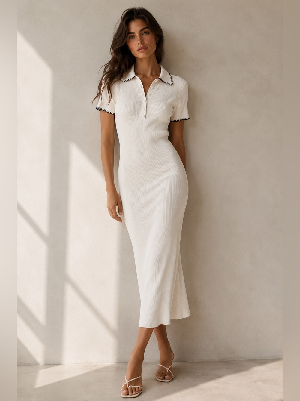 Caroline Constas White Ribbed Knit Midi Dress Navy Whipstitch Collar S